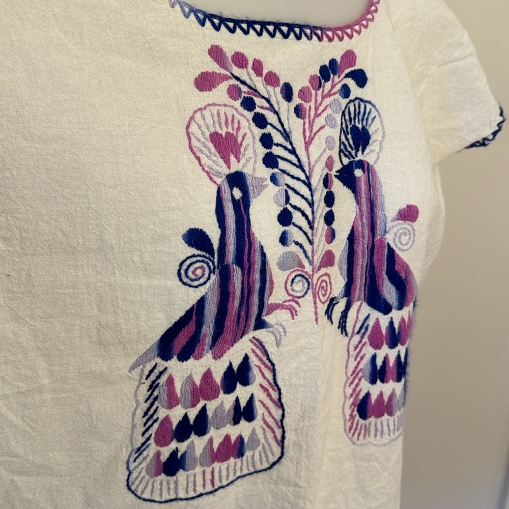 Hand Embroidered White Pink Purple Women's Blouse Peacock Hippie Folk Art Med/Lg